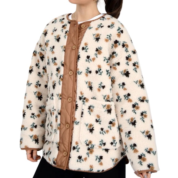 RD Style Jackets & Blazers - RD STYLE Sophia Sherpa Button Front Floral Cream & Tan Jacket Cottage Core Boho